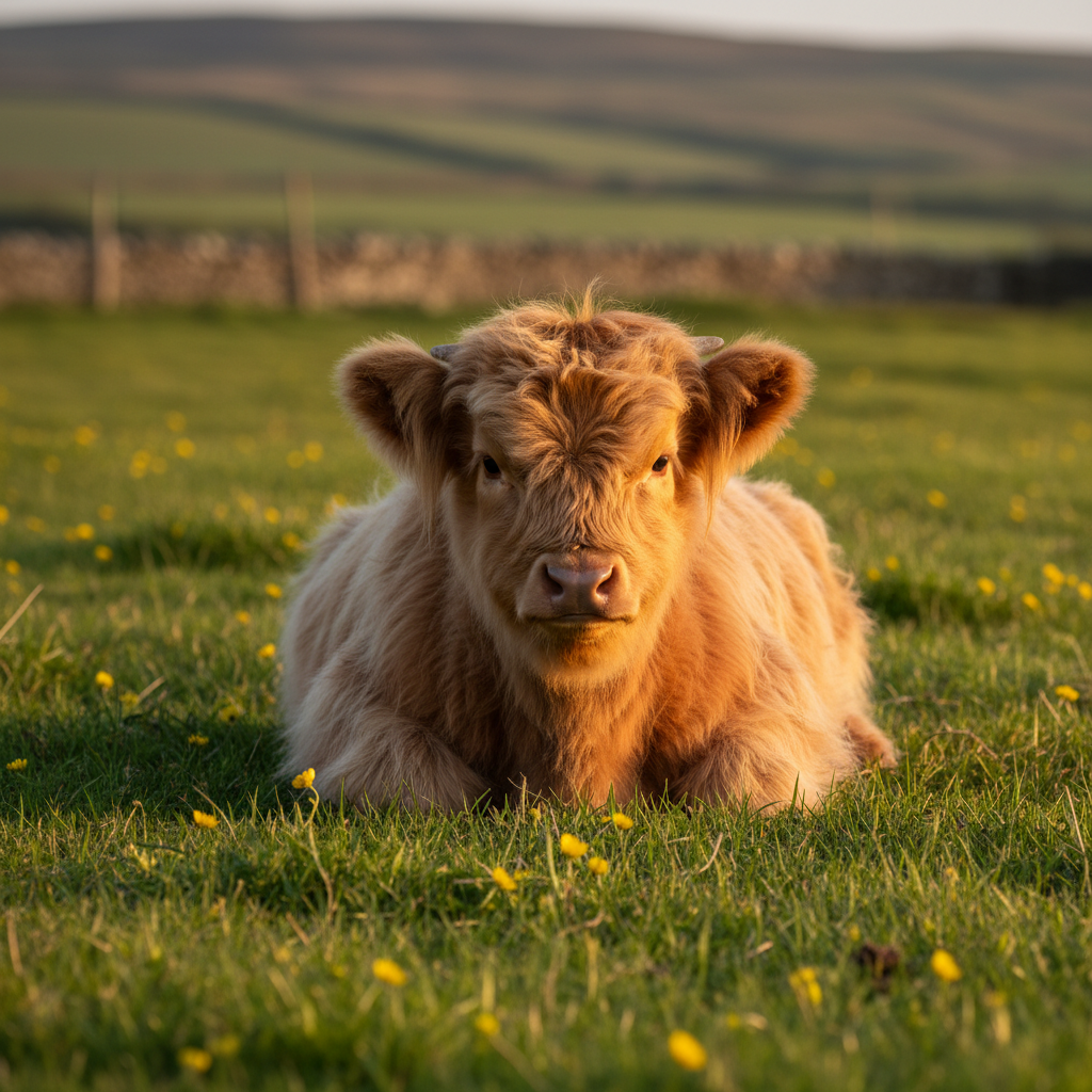 An ultra-fluffy caramel-colored Highland calf, its coat impossibly woolly and tousled, lies contentedly in a lush green pasture dotted with tiny yellow buttercups. Its small horns are just beginning to bud beneath the thick fur, and its nose is velvety and slightly damp. Late afternoon golden hour sunlight washes across the scene, casting warm highlights on the curls and soft, elongated shadows in the grass. Photographic realism from a slightly low angle to emphasize the calf’s round, cuddly form. Background hills and an old stone wall are gently blurred, enhancing depth and focusing attention on the calf’s gentle, playful expression and the cozy, heartwarming atmosphere.