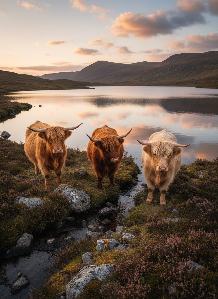 A trio of differently colored Highland cows—one ginger, one deep auburn, and one almost blonde—clustered together at the edge of a small, reflective loch. Their dense, fluffy coats ripple in a gentle breeze, and their long fringes hang like curtains over inquisitive eyes. The surrounding landscape features mossy rocks, low heather, and a distant line of rugged hills. Soft evening light, just before sunset, paints the scene in warm tones and creates shimmering reflections of the cows in the still water. Photographic realism with a wide-angle composition, capturing the full landscape while keeping the cows as the playful focal point. The mood is peaceful, slightly whimsical, and expansively scenic.