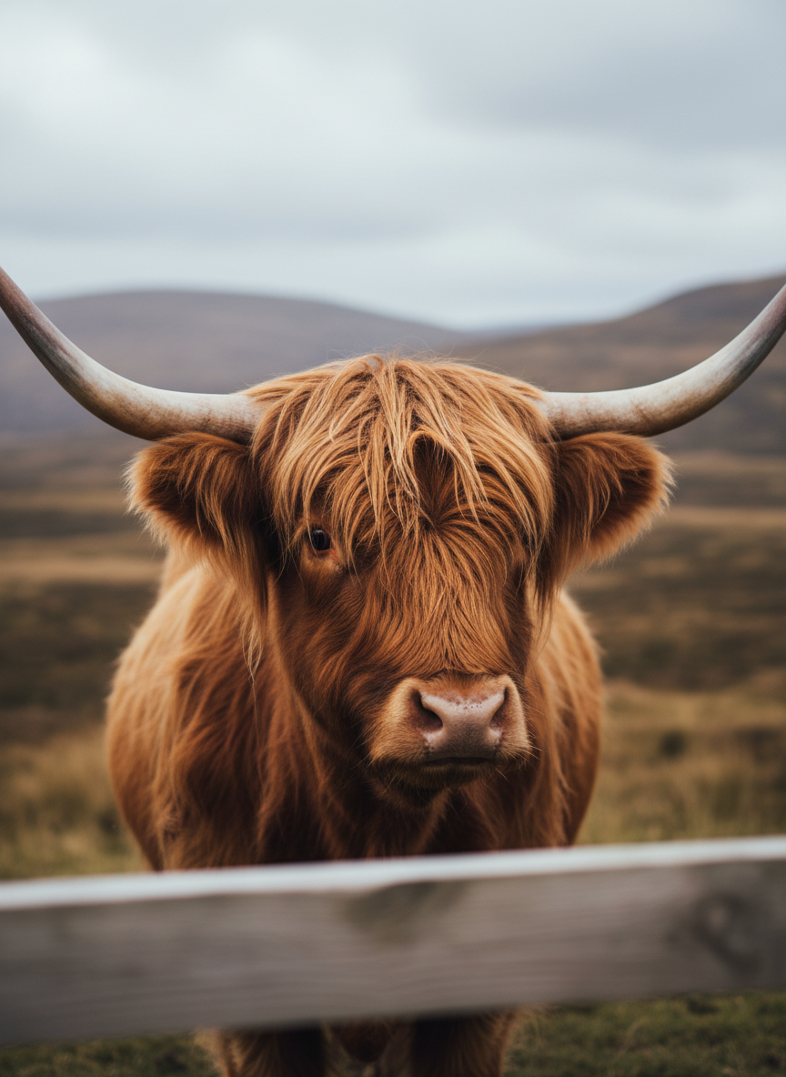 A close-up photographic portrait of a majestic chocolate-brown Highland cow with an exceptionally shaggy fringe that nearly covers its eyes, only a glint of light catching one hidden beneath the hair. Its curved, pale horns sweep outward in a dramatic arc, textured with subtle ridges. The cow stands near a weathered wooden fence in a rolling Highland landscape, with distant hills and a cloudy sky softly blurred behind. Soft side lighting from an overcast sky creates delicate shadows that define individual strands of fur. Captured with sharp focus on the face and a shallow depth of field, the composition feels intimate, rustic, and playfully dignified, perfect for a blog post about Highland cow personalities.